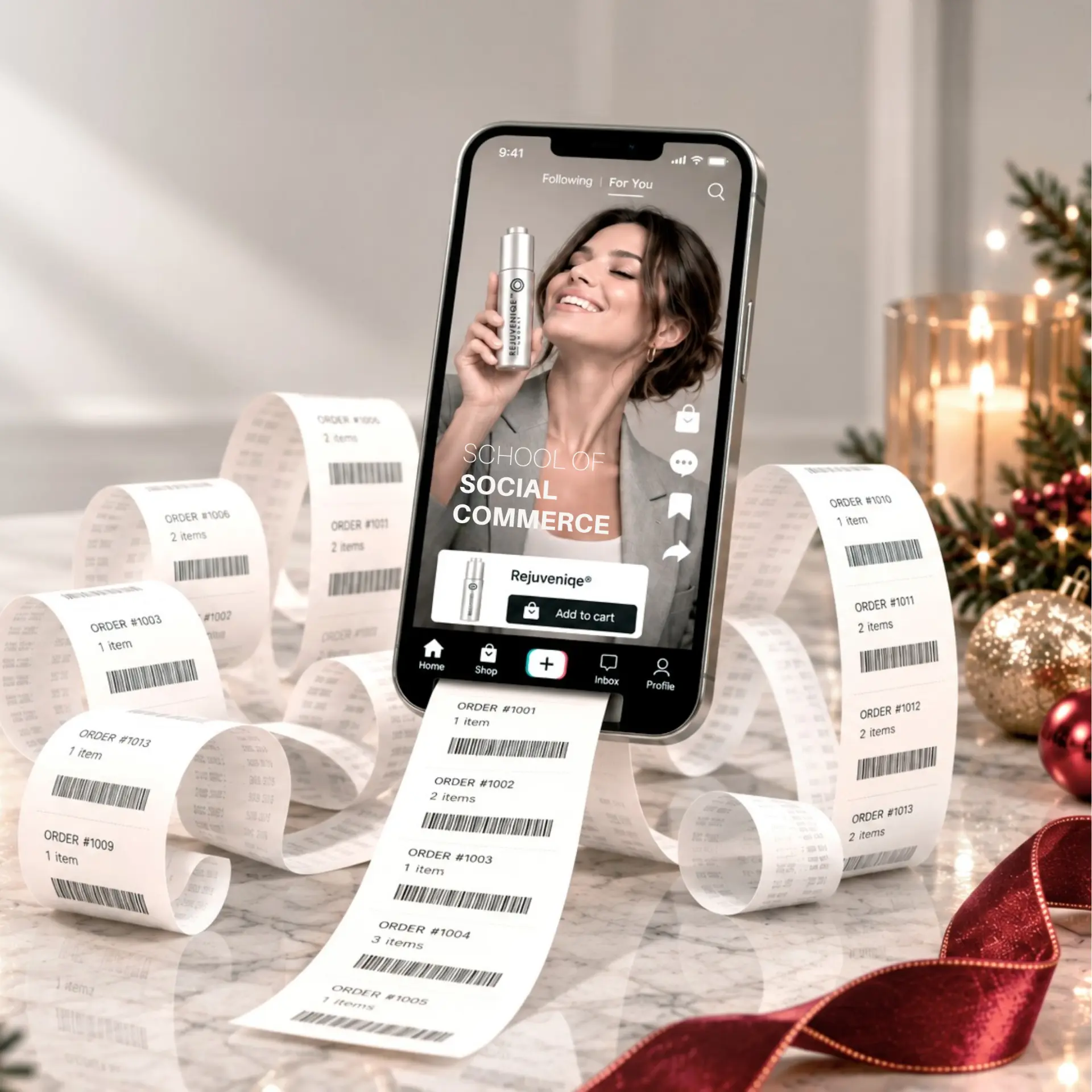 School of Social Commerce phone display with MONAT products, sales receipts and Christmas decorations